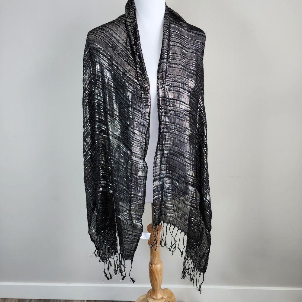 Metallic Woven Scarf Black‎ Silver Fringe Evening Wrap 
Goth Formal Grad Wedding